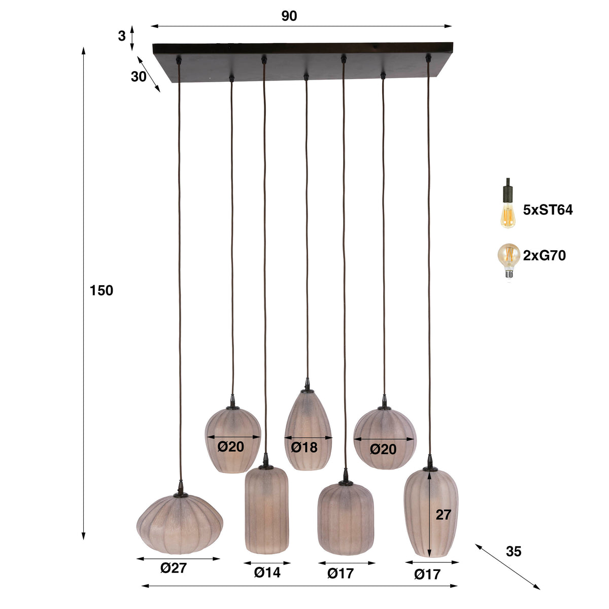 Pendelleuchte Altura 4+3-flammig / Sienna braun-frosted