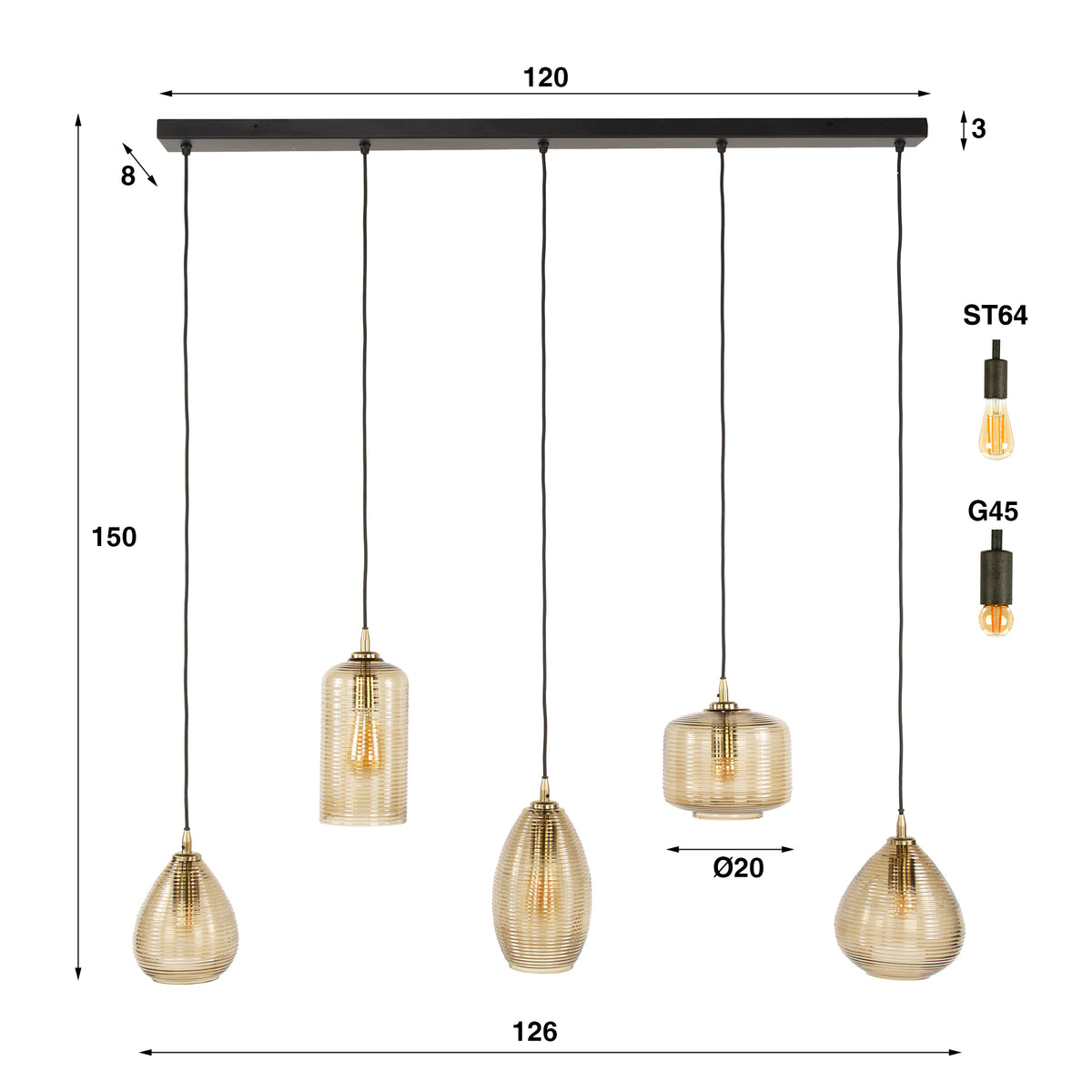 Pendelleuchte Stripe Horizontal 5-Fassungen