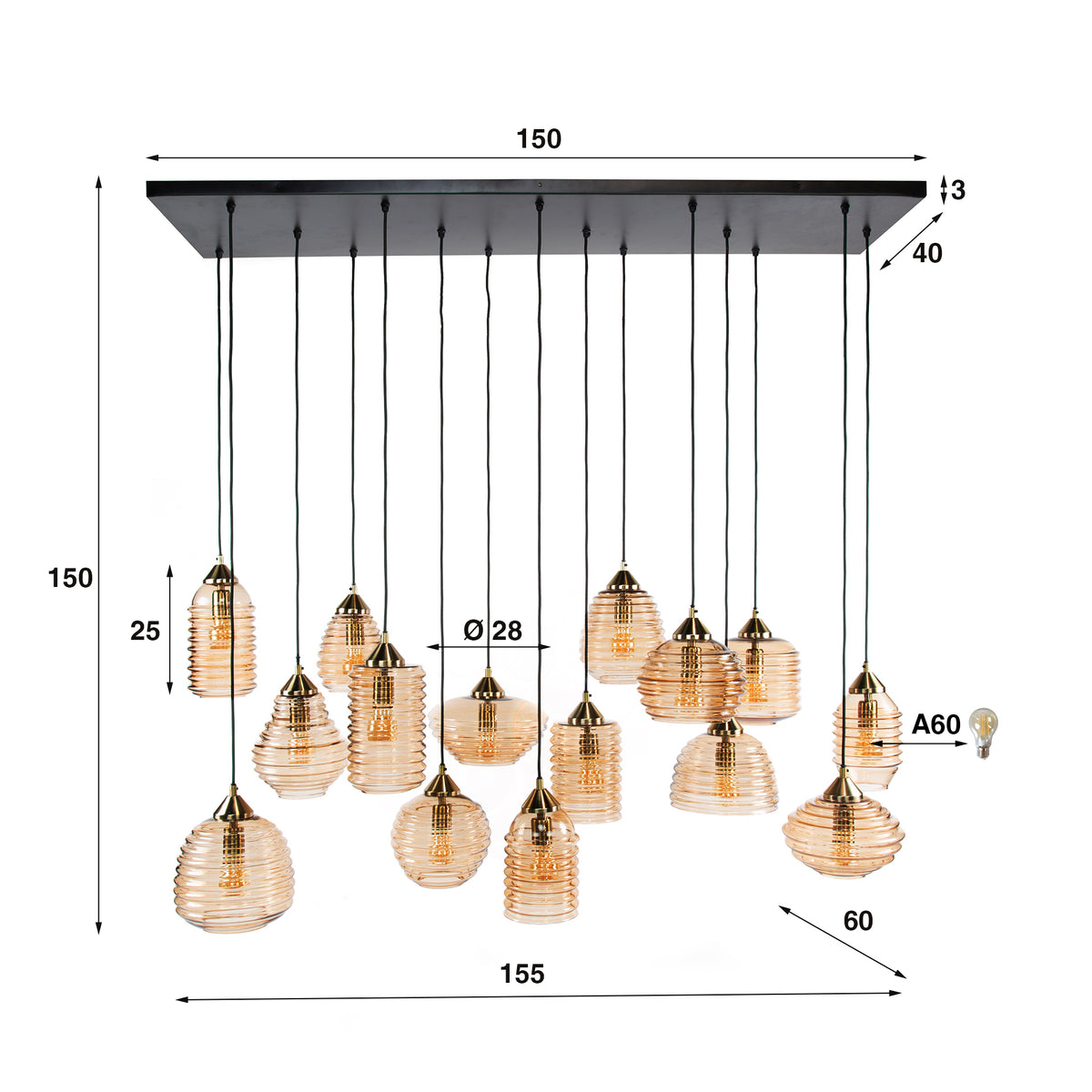 Pendelleuchte Rib Glass 5+5+5-Fassungen