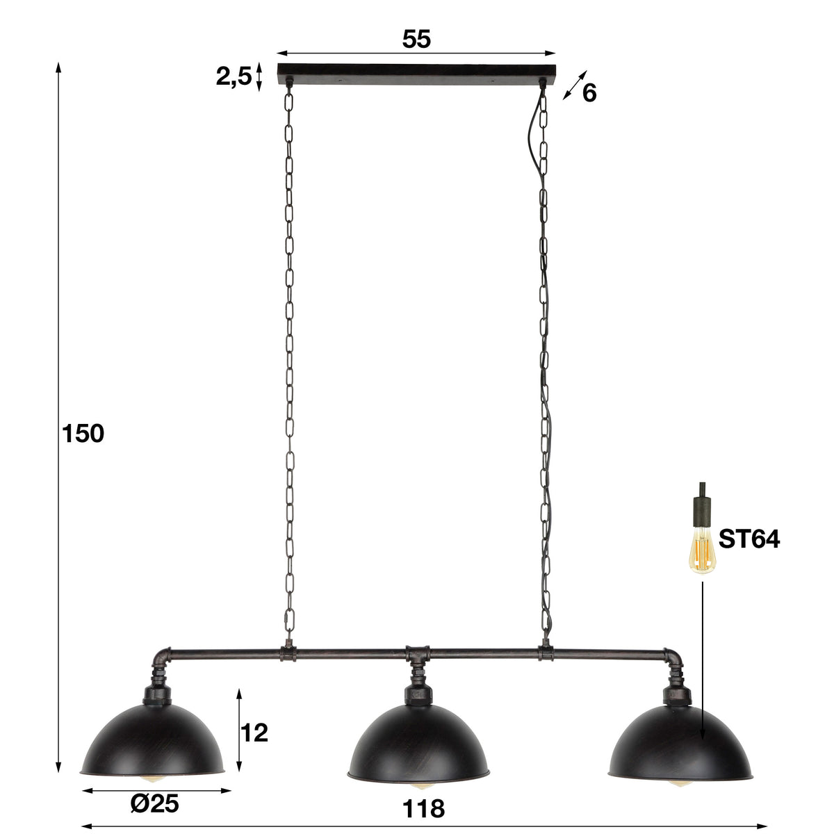 Pendelleuchte Industrial Tube 3-Fassungen