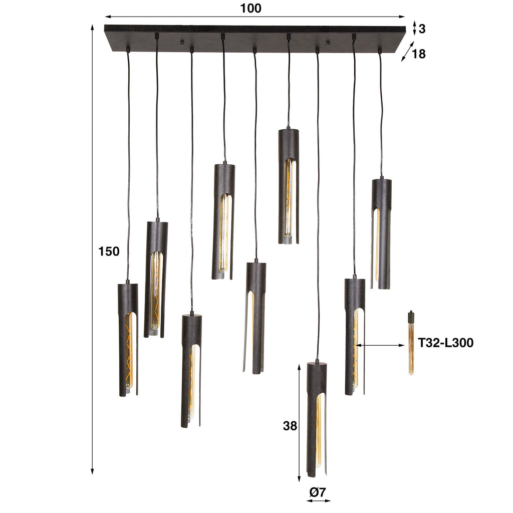Tube-Pendelleuchte mit 5+4 Fassungen