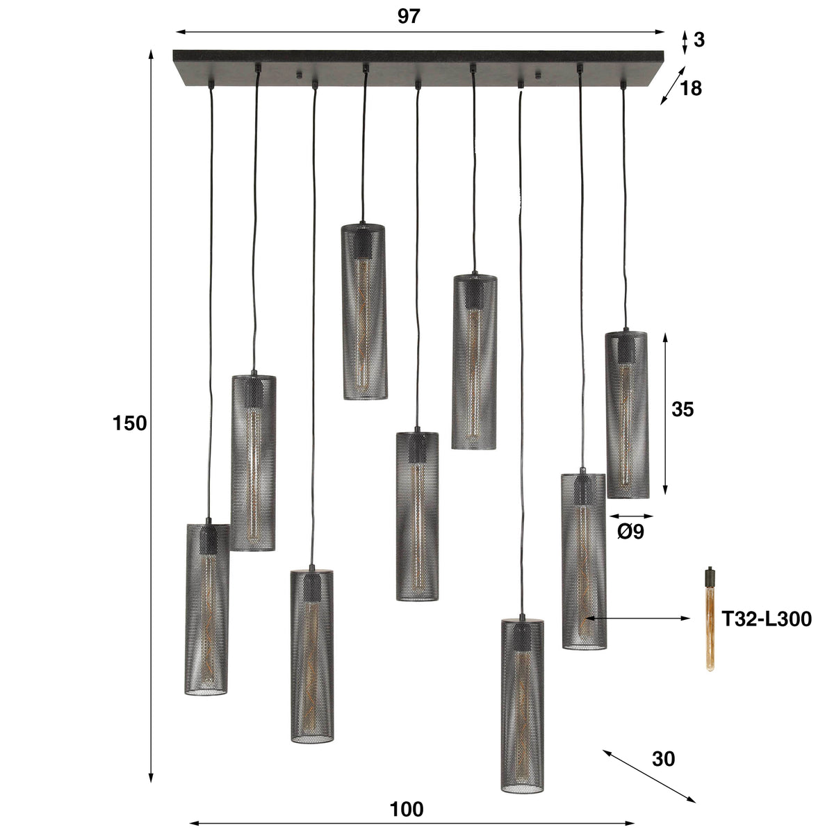 Pendelleuchte Tube Mesh 5+4-Fassungen