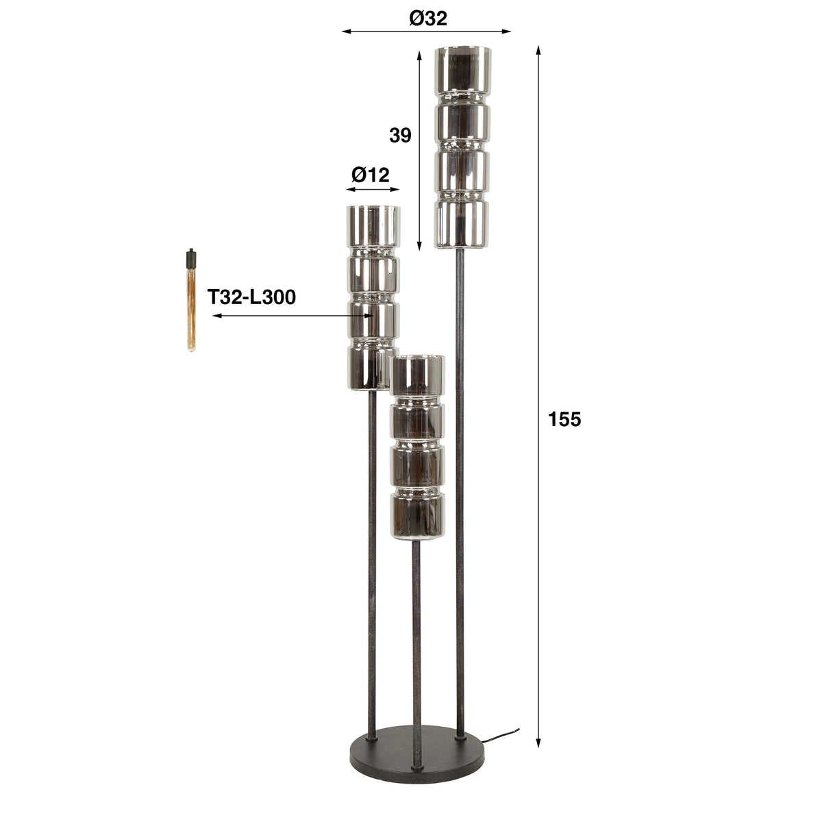 Stehleuchte Cylinder Glas gestuft 3-flammig