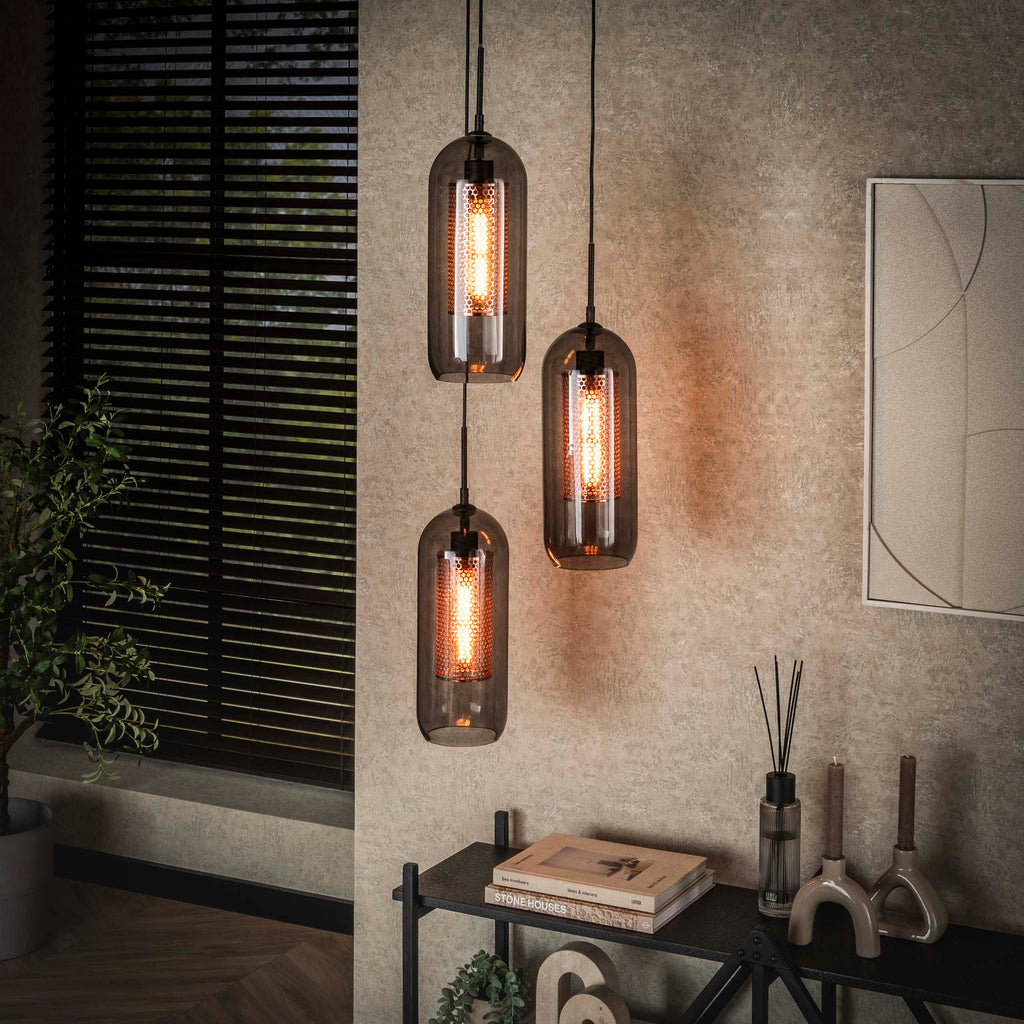 Pendelleuchte Smoke Mesh gestuft 3-flammig