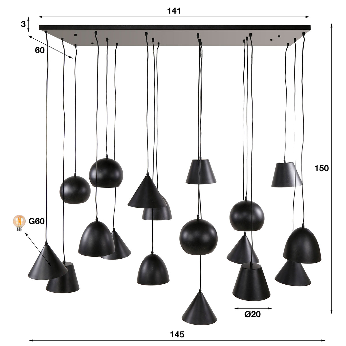 Pendelleuchte Metal XXL 6+6+6-Fassungen