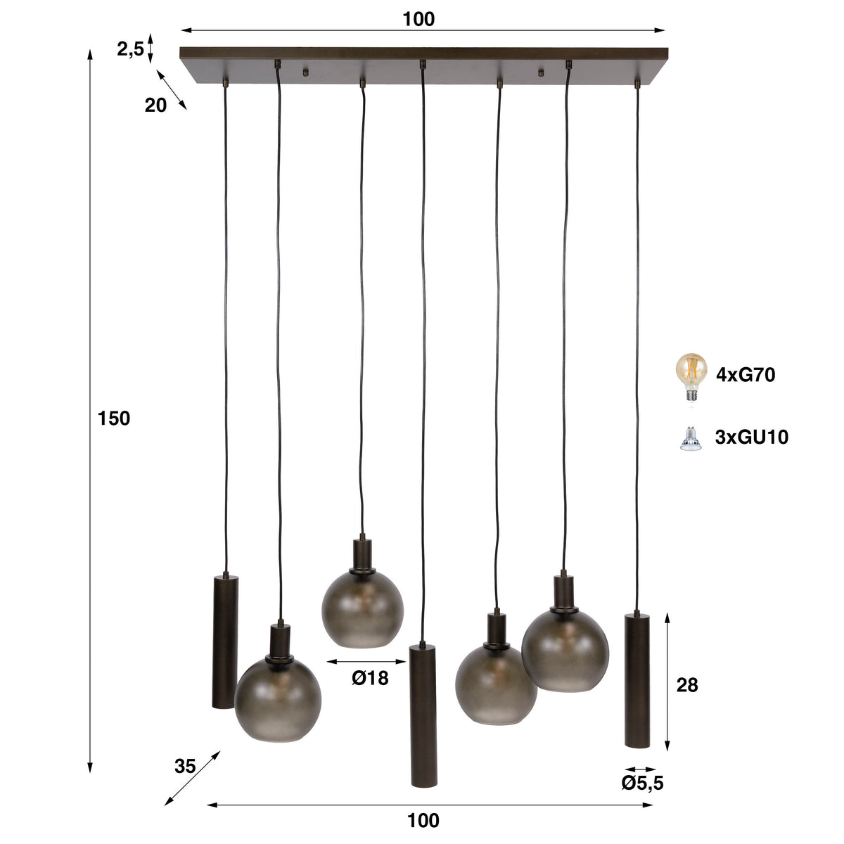 Pendant Lamp Sfera Tricolore 4+3 Sockets