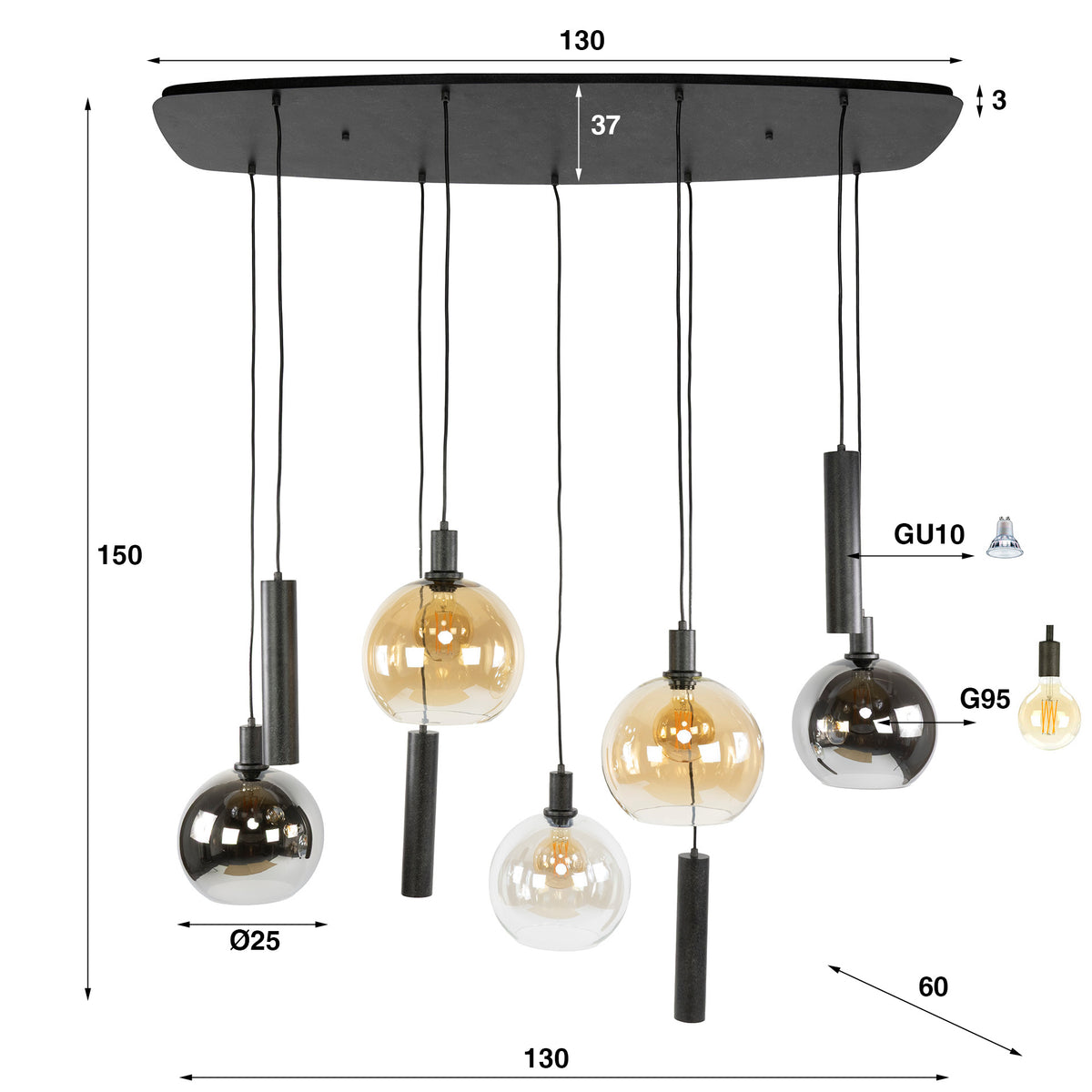 Pendelleuchte Sfera Tricolore 5+4-Fassungen