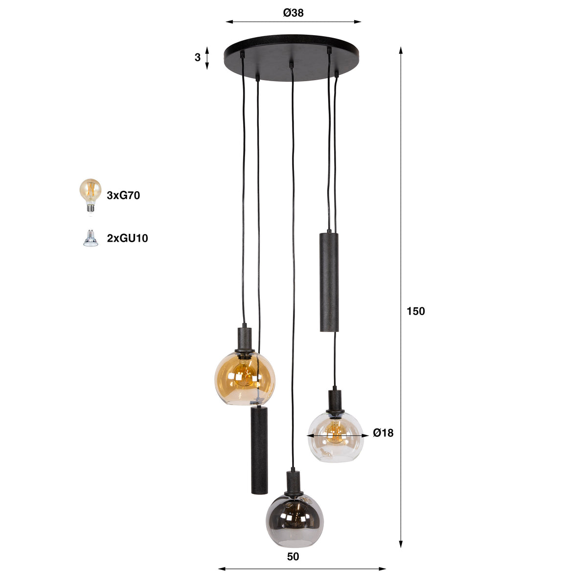 Pendelleuchte Sfera Tricolore gestuft 5-flammig