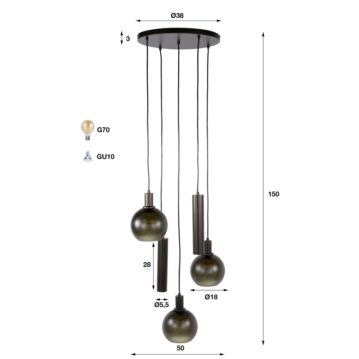 Pendelleuchte Sfera Tricolore gestuft 5-flammig