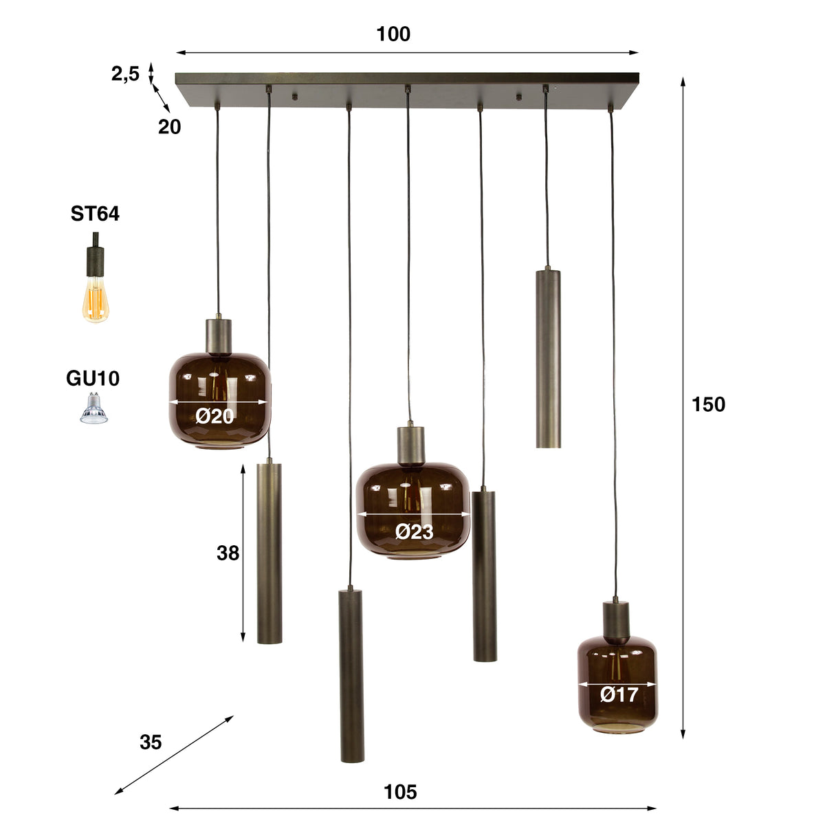 Pendelleuchte Bronza 4+3-Fassungen / Sienna braun
